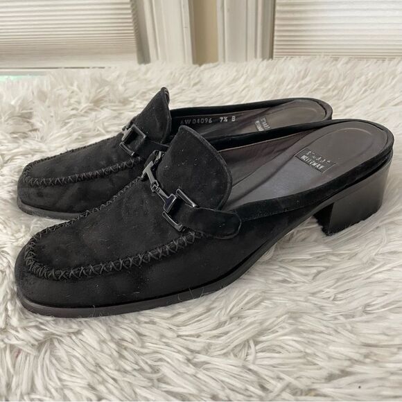Stuart Weitzman Black Suede Heeled Mules Slip On Buckle Accent sz‎ 7.5 B - Picture 3 of 7